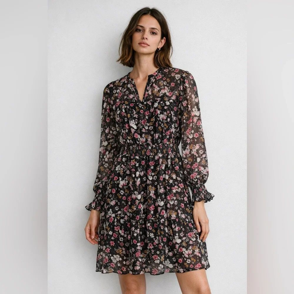 CeCe Floral Chiffon Dress Size 8 Boho Romantic Long Sleeve Smocked Waist